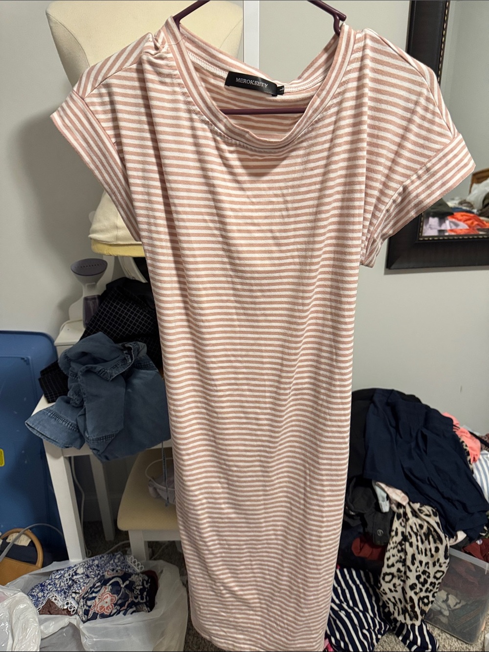 Merokeety Pink & White Striped Midi Dress